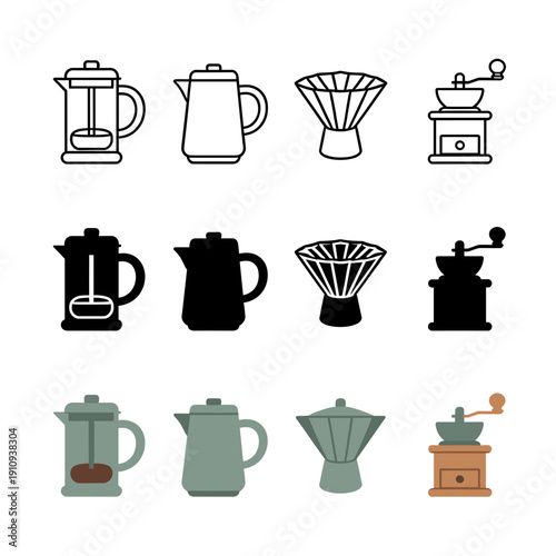 Professional coffee and tea brewing equipment set featuring french press kettle matcha whisk and manual coffee grinder in various design styles