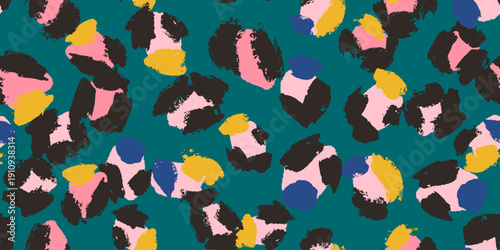 Expressive multicolor abstract leopard-inspired vector pattern in pink, mustard, navy and cream on a deep teal base
