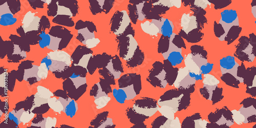 Abstract leopard-inspired vector pattern in burnt orange with deep plum, cream, muted taupe and vibrant blue accents. Painterly brushwork and energetic contrast 