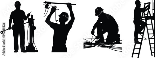 Title Black silhouette set of industrial workers and electricians wearing hard hats while climbing ladders and repairing electrical cables for construction and engineering projects