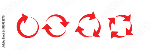 Set of red circle arrow icon. Rotate arrow and spinning loading symbol. Circular rotation loading elements, redo process. Vector set of circle arrows isolated on white