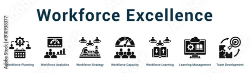 Workforce Excellence  Modern and clean web banner illustration vector featuring thematic icons