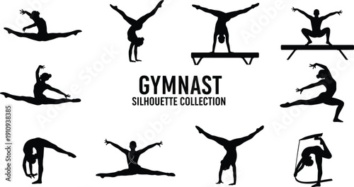 Title Black gymnast silhouette collection featuring female athletes performing splits handstands and rhythmic