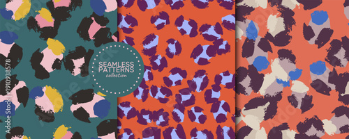 Seamless leopard inspired vector pattern collection in three vibrant colorways featuring teal with pink and mustard coral with plum and azure and burnt orange with mauve and cream