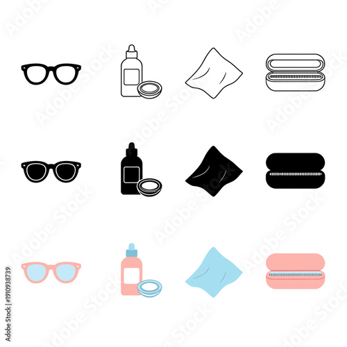 Eyewear care set with glasses, sunglasses, cleaning solution bottle, microfiber cloth, and protective case icons in outline, solid, and flat style