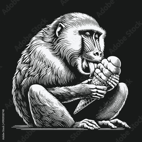 Engraved Baboon Enjoying Ice Cream: A Detailed Black and White Illustration.