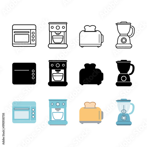 Kitchen small appliances set featuring microwave oven, coffee maker, toaster, and blender icons in various styles for household cooking and food prep