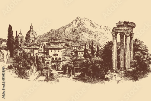 Pompei, Italy illustration in a vintage style. This vector illustration can be used in any size you like for advertising, logos, and other work.