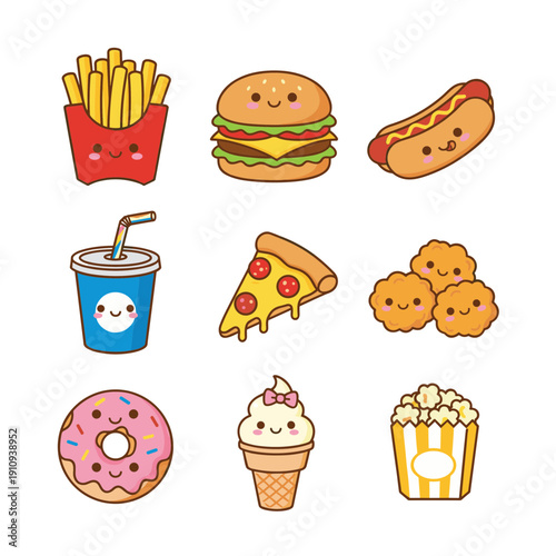 Colorful Kawaii Fast Food Character Set with Smiling Faces on Burger Pizza Fries Hot Dog Soda Ice Cream and Popcorn Stickers Vector Illustration