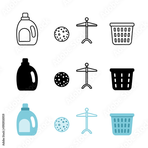 Laundry and Cleaning Service Icon Collection with Detergent Bottle Washing Ball Hanger and Laundry Basket Symbols in Three Different Design Styles