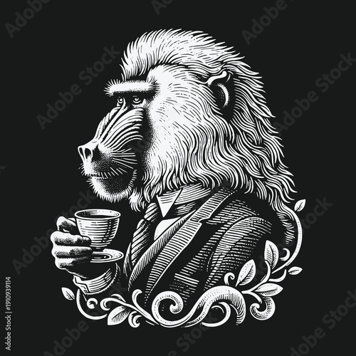 Sophisticated Baboon Sipping Tea: A Refined Primate Portrait.