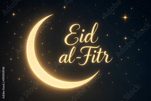 A glowing crescent moon and stars in the night sky Eid al-Fitr text