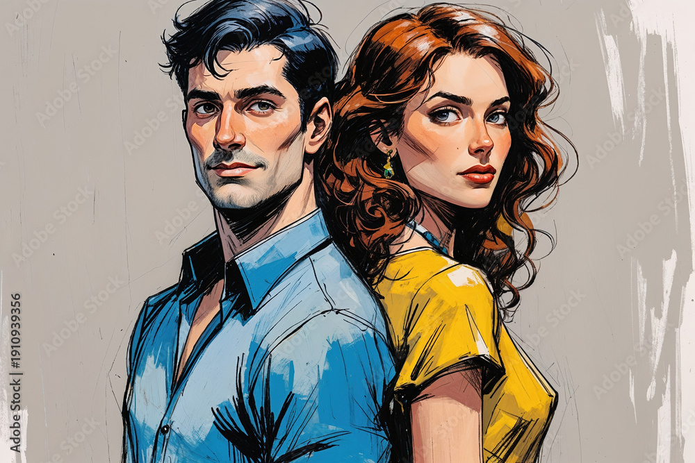 Obraz premium A handsome dark-haired man and a beautiful red-haired woman stand back-to-back. Their confident gazes and the vibrant artistic brushstrokes create a stylish and modern romantic portrait.