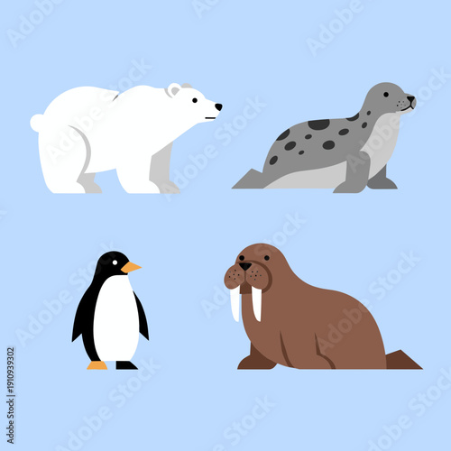 Arctic and antarctic animal collection featuring polar bear seal penguin and walrus in a cute flat minimalist vector illustration style