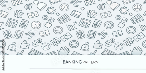 Seamless banking and finance related icons pattern on a white background