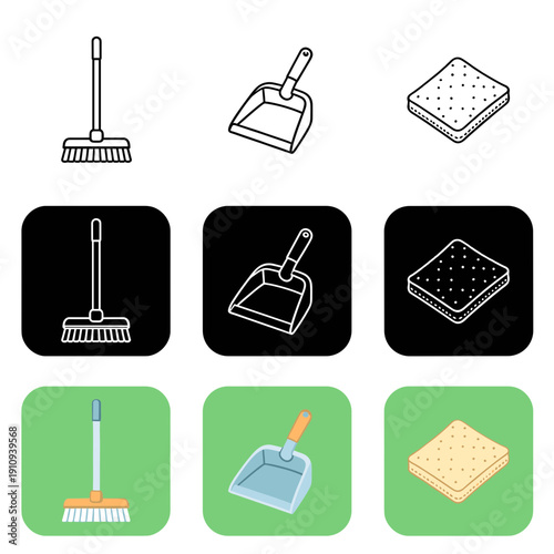 Household cleaning icons including a broom, a dustpan, and a scouring sponge presented in line art, inverted black tiles, and flat color styles.