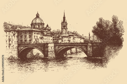 Ponte Vecchio, Italy illustration in a vintage style. This vector illustration can be used in any size you like for advertising, logos, and other work.