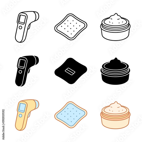 Medical and hygiene icons featuring an infrared thermometer, a square patch or bandage, and a cosmetic cream jar in three distinct visual styles.