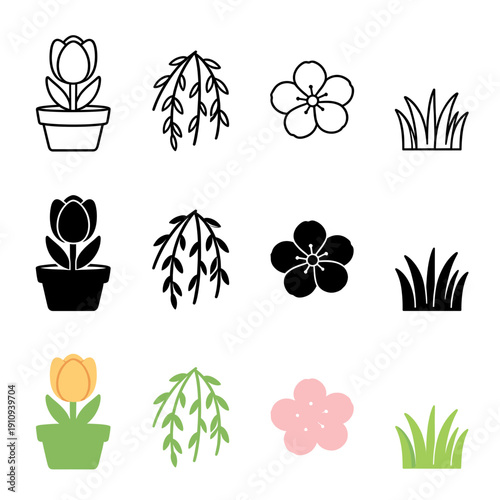 Garden and nature plant icons set with potted tulip willow branch flower and grass in outline silhouette and colorful flat vector styles