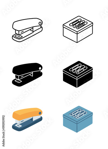 Office stationery set featuring stapler and paper clips box in three styles including line art silhouette and colorful flat design illustrations
