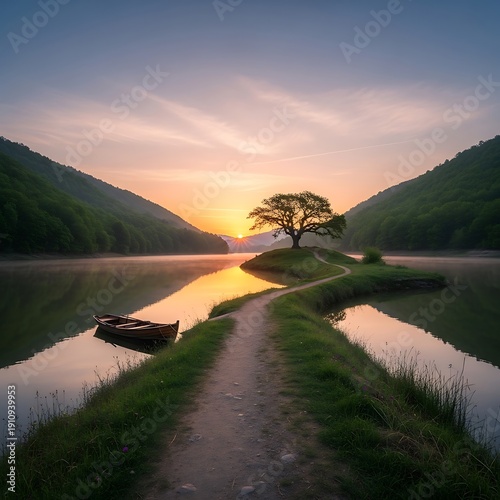 Tranquil Serenity A Lone Tree on an Island with a Boat by the Shore During a Golden Sunset
