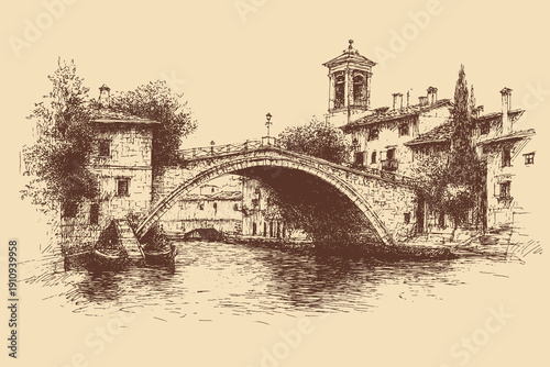 Rialto Bridge, Venice, Italy illustration in a vintage style. This vector illustration can be used in any size you like for advertising, logos, and other work.