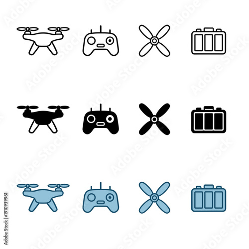 Drone technology and quadcopter equipment icons featuring remote control propellers and battery case in outline silhouette and blue styles
