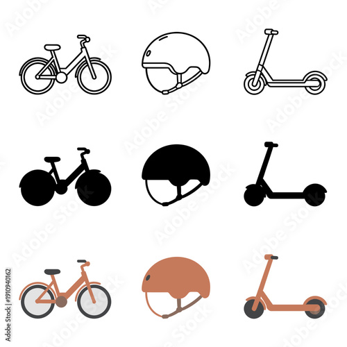Urban transportation icons set with bicycle, safety helmet, and electric kick scooter in stroke, solid, and earth tone color styles for city travel