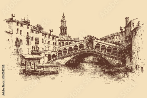 Rialto Bridge, Venice, Italy illustration in a vintage style. This vector illustration can be used in any size you like for advertising, logos, and other work.