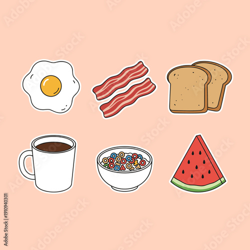 Colorful breakfast food sticker set featuring fried egg crispy bacon toast coffee mug cereal bowl and watermelon slice for healthy morning meal