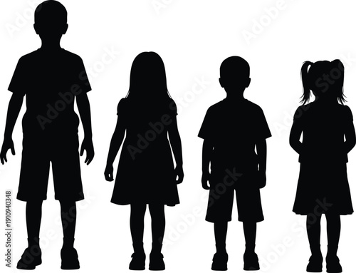Four Children Silhouettes Standing Together Boys And Girls Vector Illustration