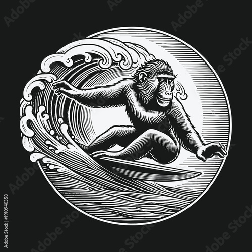 Monkey Surfing the Wave: A Detailed Engraving Illustration.