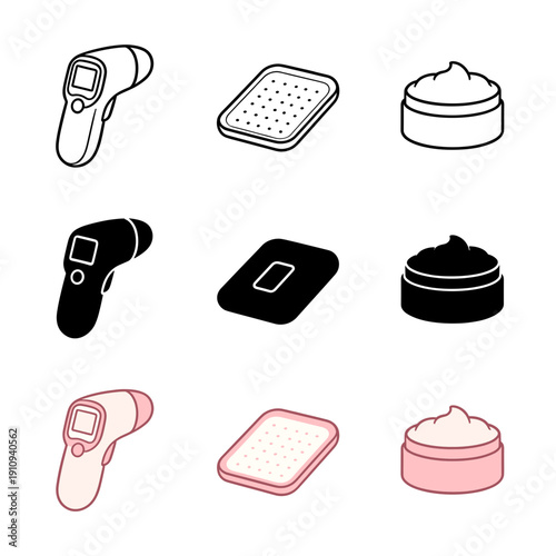 Healthcare and first aid supplies icons set including infrared thermometer, medical patch, and ointment cream jar in various artistic styles.