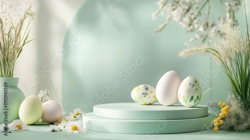 Minimal Easter podium with pastel eggs and spring flowers