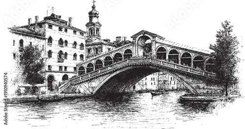 Rialto Bridge, Venice, Italy illustration on a white background. This vector illustration can be used in any size you like for advertising, logos, and other work.
