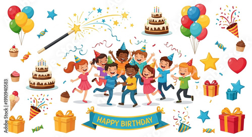 Children Celebrating Happy Birthday Party.