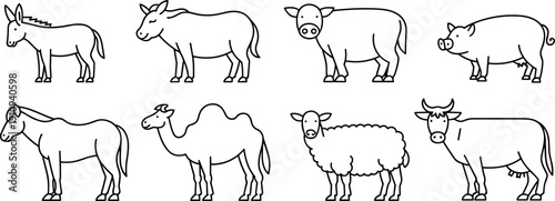 Simple black and white farm animal vector line art collection featuring donkey cow pig horse camel and sheep isolated on white.