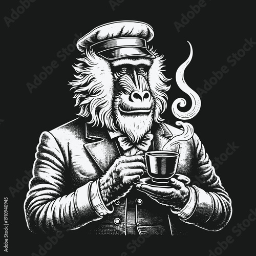 Sophisticated Baboon Sipping Tea in Elegant Attire.