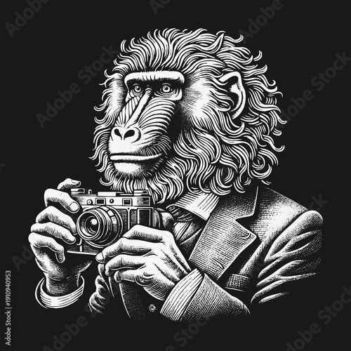 Monkey Photographer: A Detailed Black and White Illustration.
