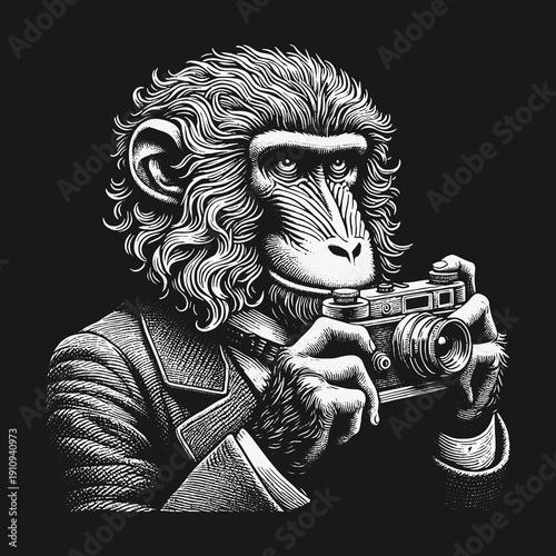 Monkey Photographer: A Detailed Black and White Illustration.