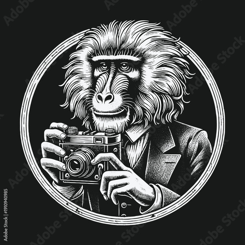Monkey Photographer in Suit: A Unique and Artistic Portrait.