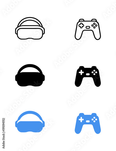 Virtual reality and gaming hardware icons showcasing VR headset and gamepad controller in stroke, silhouette, and blue color theme variations