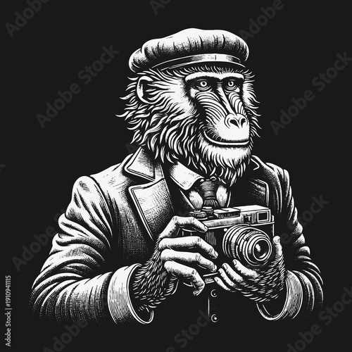 A sophisticated monkey photographer capturing moments in monochrome.