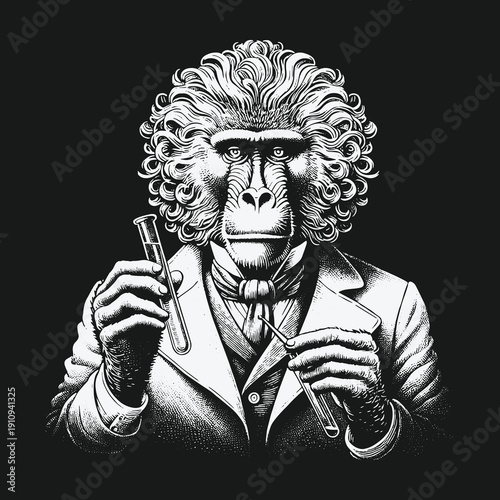 Intelligent Primate Scientist: A Detailed Black and White Illustration.