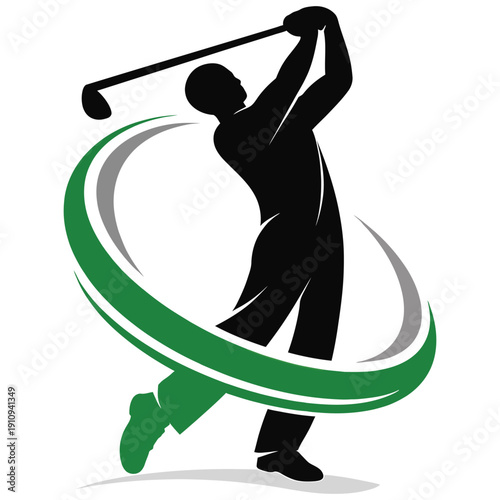 Black silhouette of golfer swinging club with green and grey swoosh white background