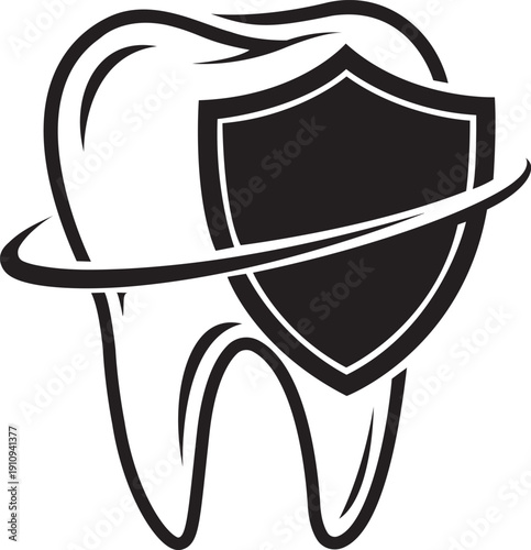 Illustration of black and white illustration of a tooth with a shield on it for dental health concepts
