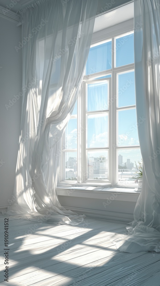 Fototapeta premium Sunlight entering bright room through open window, white curtains moving in spring breeze, fresh morning atmosphere, minimalist interior