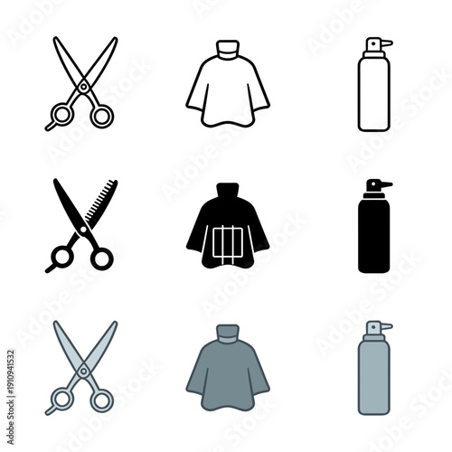 Professional Hair Salon Equipment Icons Featuring Scissors Thinning Shears Cape and Spray Bottle for Barbershop and Hairdressing Service Design