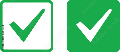 Two green check marks in square boxes on white background tick correct