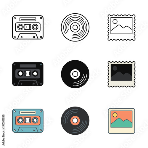 Retro media icons set including cassette tape vinyl record and landscape photo frame in different graphic styles for vintage nostalgia concepts